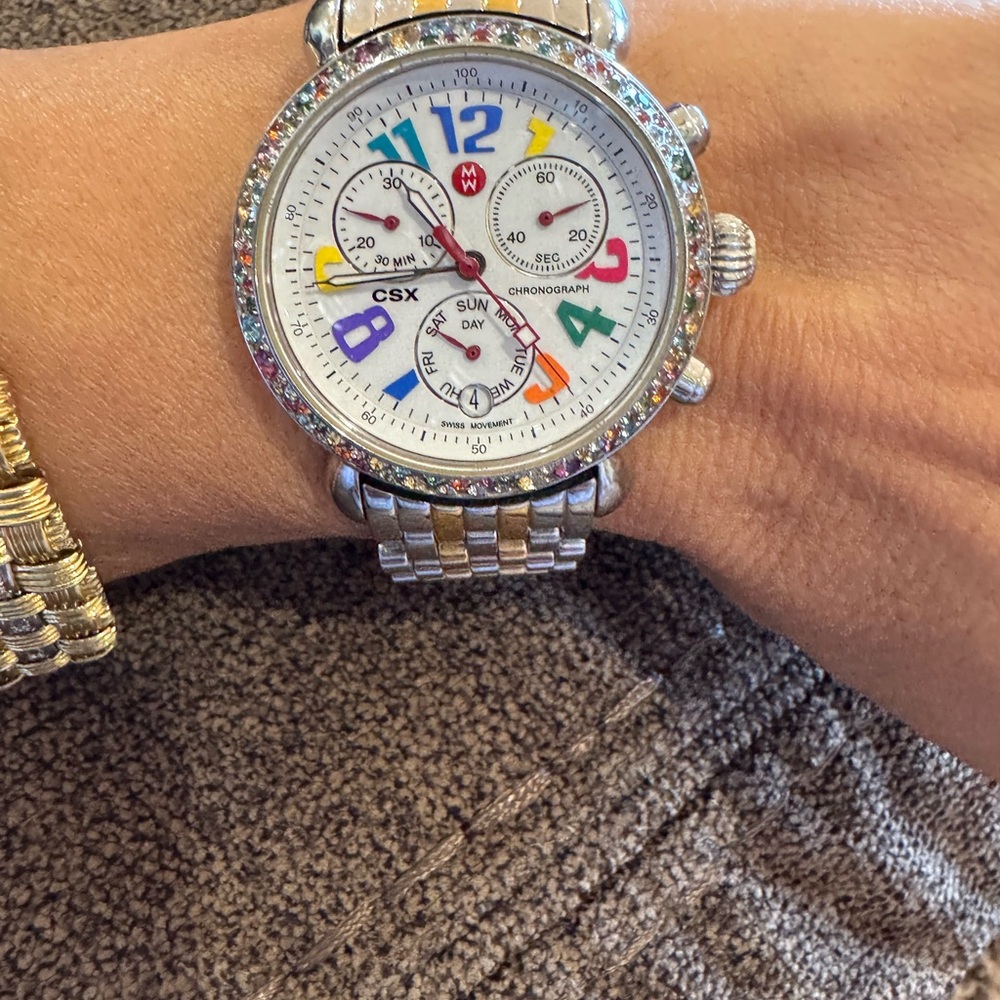 Michele CSX Chronograph Watch Multicolor Gemstone Bezel 1.50 CT Swiss Two-Tone - Picture 16 of 16